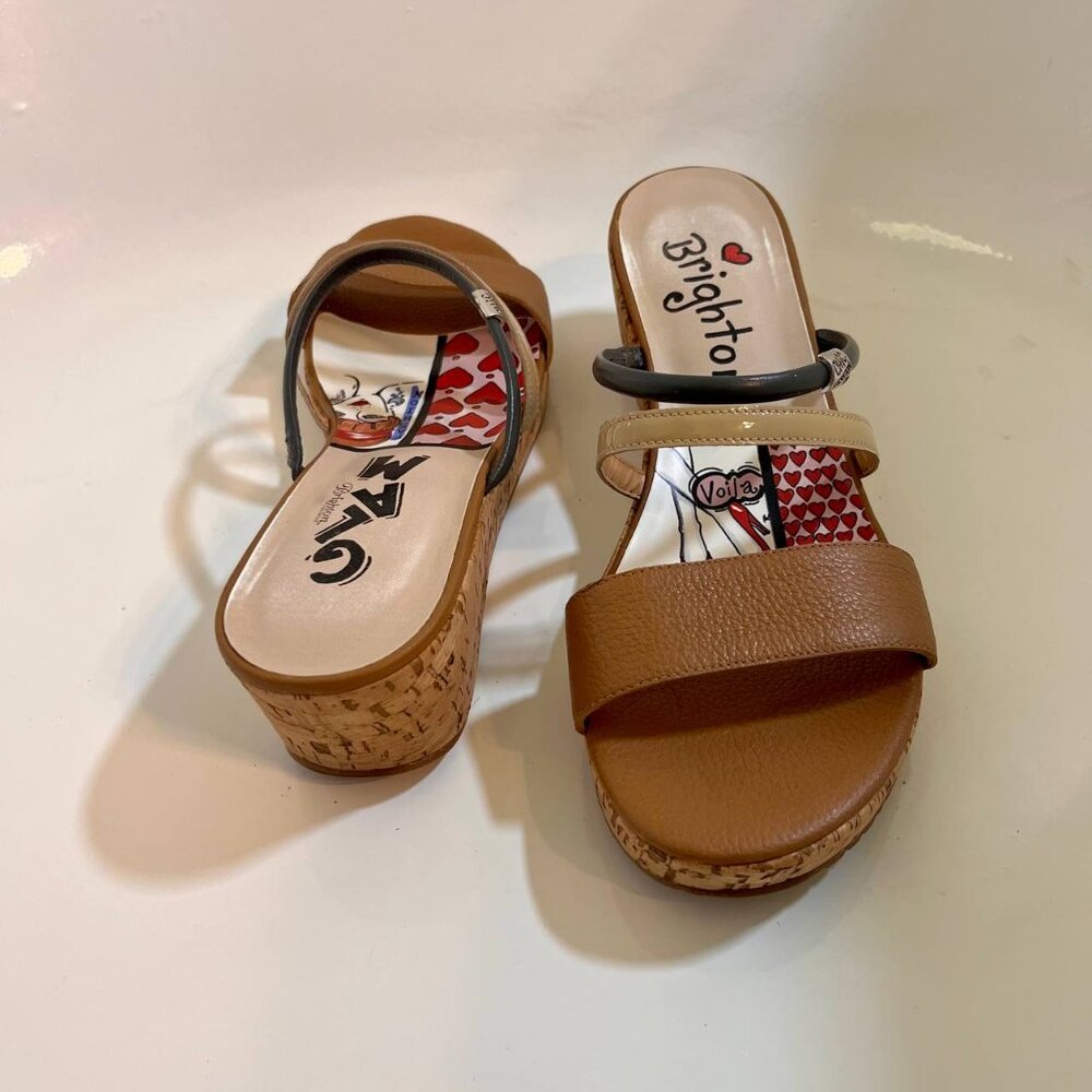 Brighton Harper Tan Beige Glam Cork Wedge Slip On Strappy Sandals Size 9.5 - Picture 6 of 14